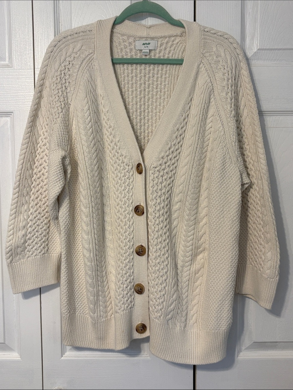 aerie Cream Cable Knit Button-Front Cardigan. XL